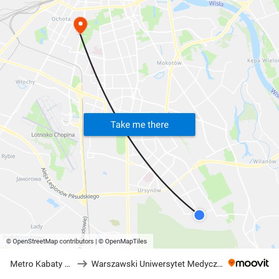 Metro Kabaty 02 to Warszawski Uniwersytet Medyczny map