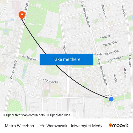 Metro Wierzbno to Warszawski Uniwersytet Medyczny map