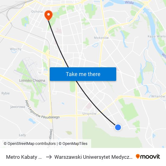 Metro Kabaty to Warszawski Uniwersytet Medyczny map