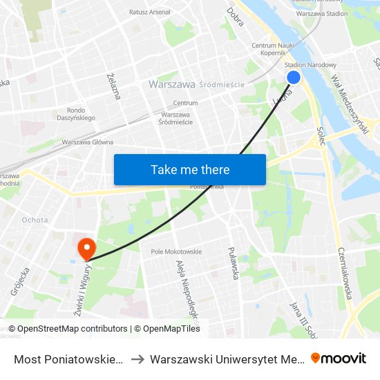 Most Poniatowskiego to Warszawski Uniwersytet Medyczny map