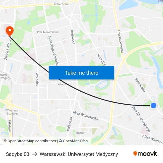 Sadyba to Warszawski Uniwersytet Medyczny map