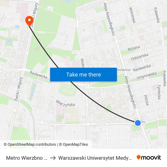 Metro Wierzbno 06 to Warszawski Uniwersytet Medyczny map