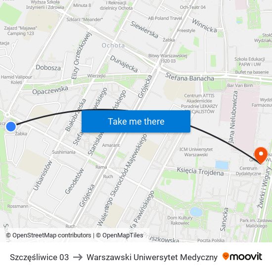 Szczęśliwice 03 to Warszawski Uniwersytet Medyczny map