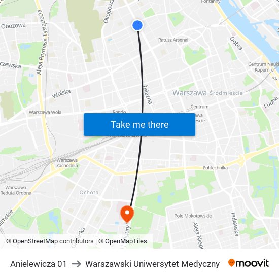 Anielewicza to Warszawski Uniwersytet Medyczny map