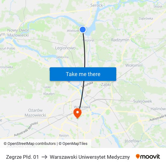 Zegrze Płd. to Warszawski Uniwersytet Medyczny map