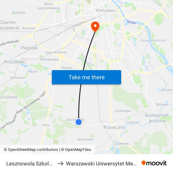 Lesznowola Szkolna to Warszawski Uniwersytet Medyczny map