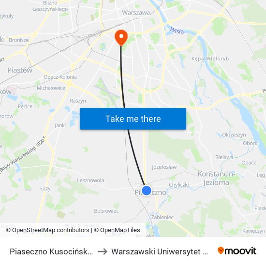 Piaseczno Kusocińskiego 01 to Warszawski Uniwersytet Medyczny map