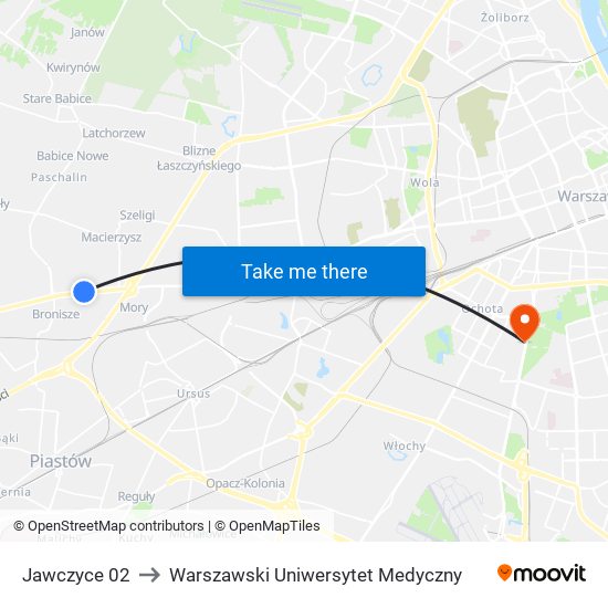 Jawczyce 02 to Warszawski Uniwersytet Medyczny map