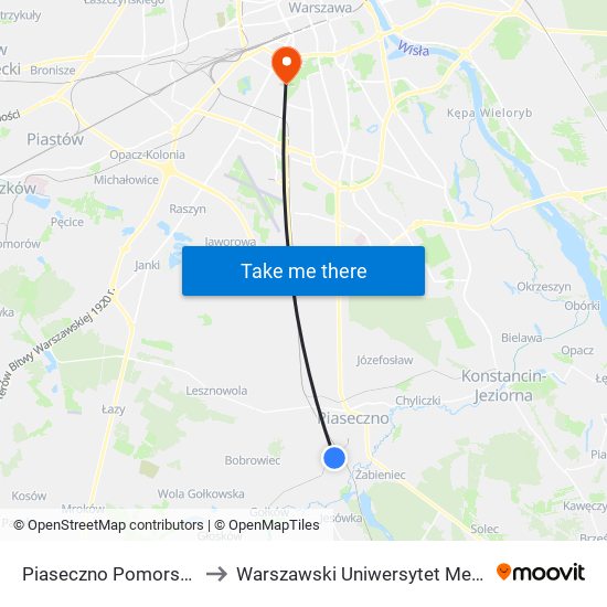 Piaseczno Pomorska 01 to Warszawski Uniwersytet Medyczny map