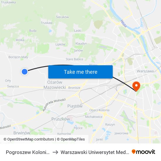 Pogroszew Kolonia 01 to Warszawski Uniwersytet Medyczny map