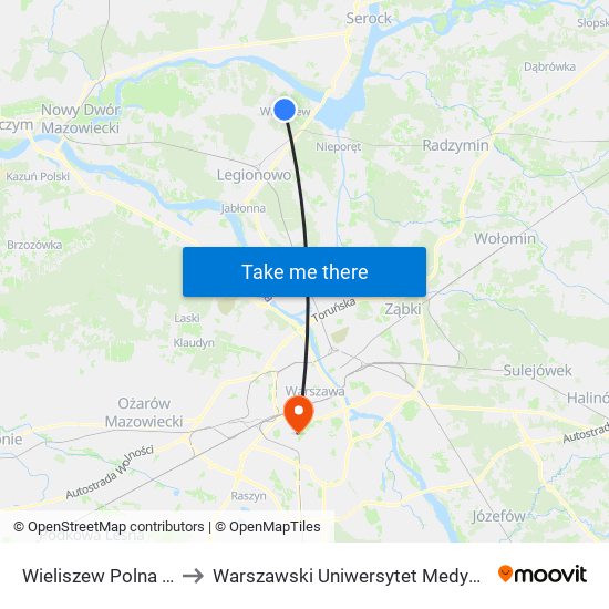 Wieliszew Polna 01 to Warszawski Uniwersytet Medyczny map