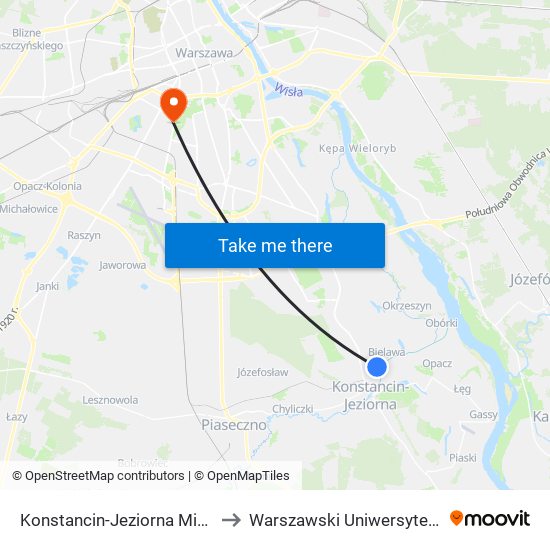 Konstancin-Jeziorna Mirkowska 01 to Warszawski Uniwersytet Medyczny map