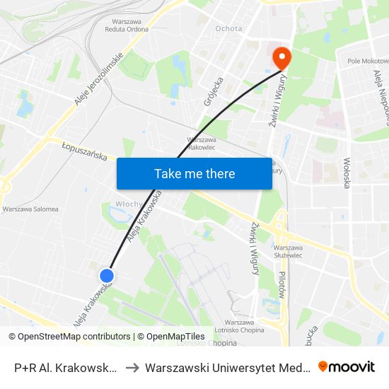 P+R Al. Krakowska 18 to Warszawski Uniwersytet Medyczny map