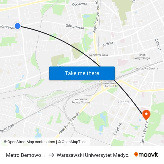 Metro Bemowo to Warszawski Uniwersytet Medyczny map