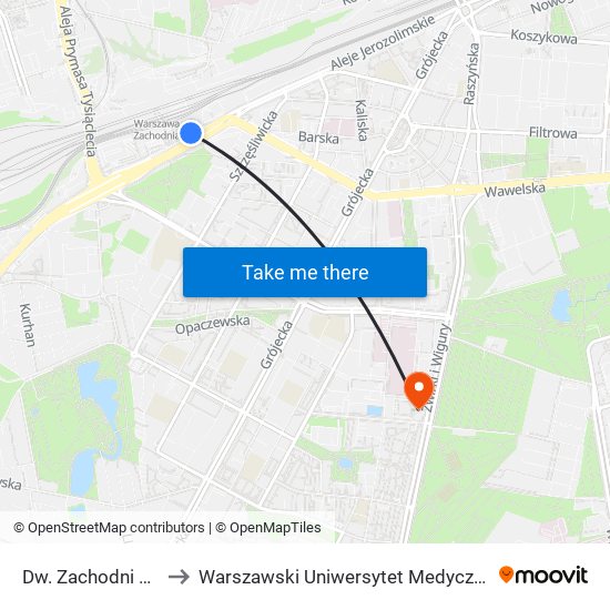 Dw. Zachodni to Warszawski Uniwersytet Medyczny map