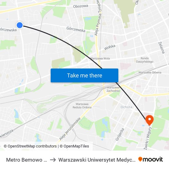 Metro Bemowo to Warszawski Uniwersytet Medyczny map