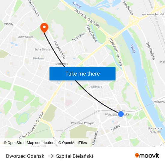Dworzec Gdański to Szpital Bielański map