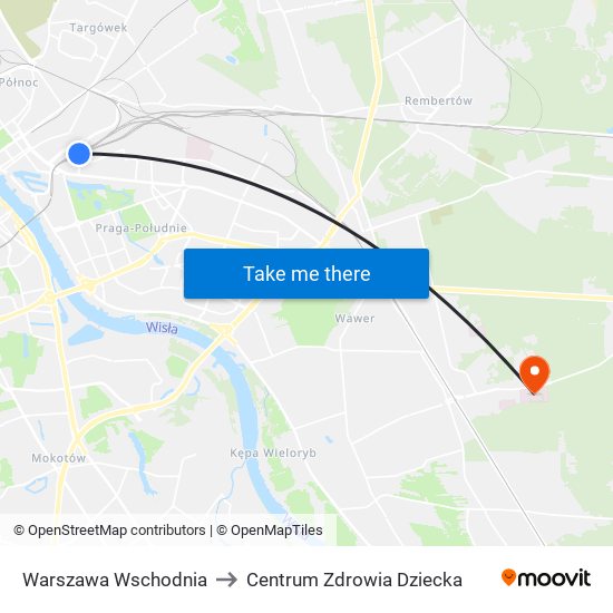 Warszawa Wschodnia to Centrum Zdrowia Dziecka map