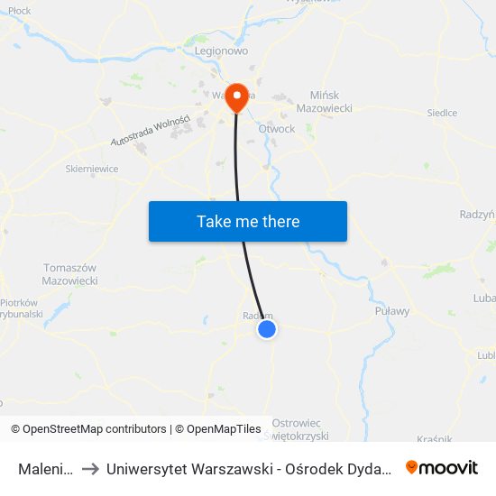 Malenicka I to Uniwersytet Warszawski - Ośrodek Dydaktyczny Ksawerów map