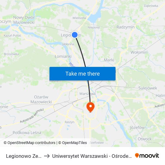 Legionowo Zegrzyńska 01 to Uniwersytet Warszawski - Ośrodek Dydaktyczny Ksawerów map