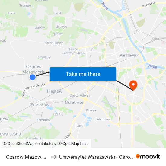 Ożarów Mazowiecki Graniczna 01 to Uniwersytet Warszawski - Ośrodek Dydaktyczny Ksawerów map