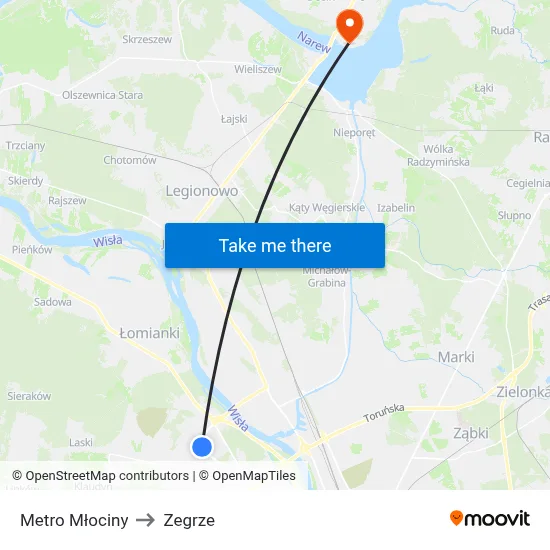 Metro Młociny to Zegrze map