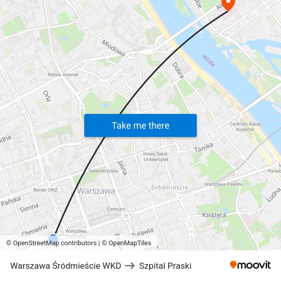 Warszawa Śródmieście WKD to Szpital Praski map