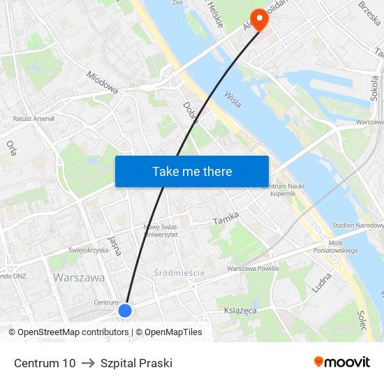 Centrum 10 to Szpital Praski map