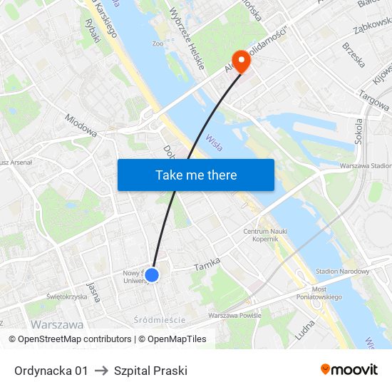 Ordynacka 01 to Szpital Praski map