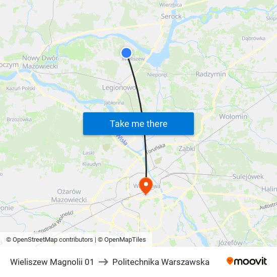 Wieliszew Magnolii 01 to Politechnika Warszawska map