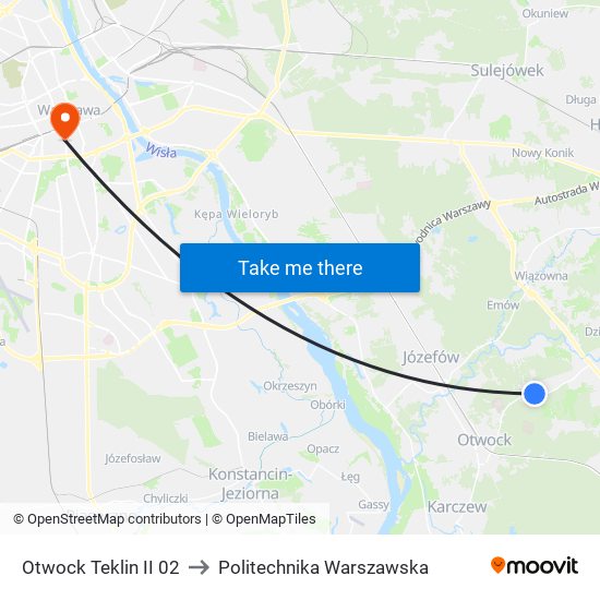 Otwock Teklin II to Politechnika Warszawska map