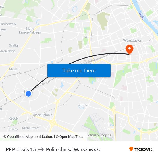 PKP Ursus 15 to Politechnika Warszawska map