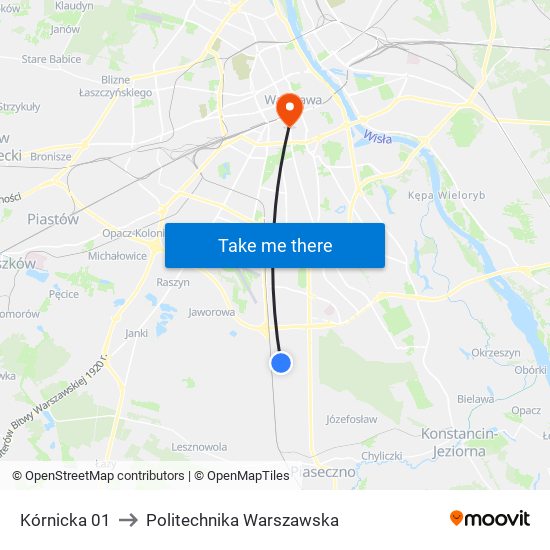 Kórnicka 01 to Politechnika Warszawska map