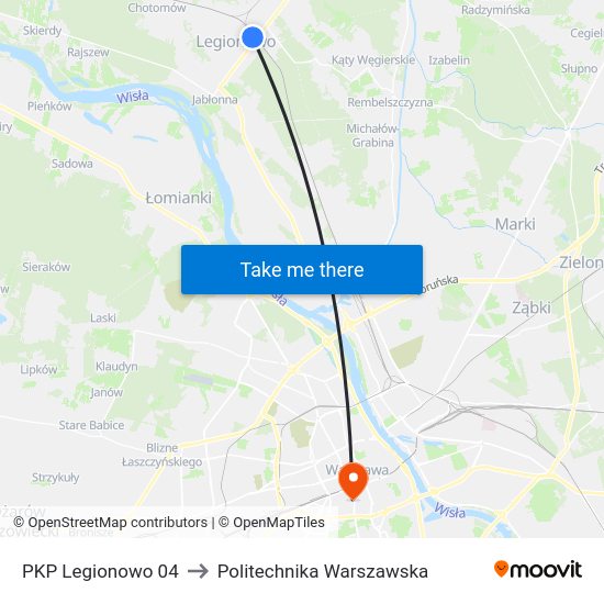 PKP Legionowo to Politechnika Warszawska map