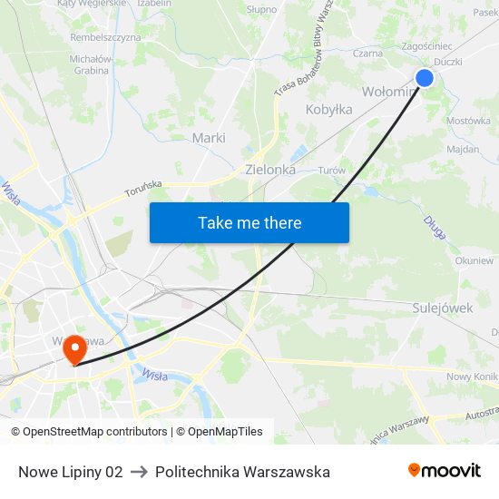 Nowe Lipiny 02 to Politechnika Warszawska map