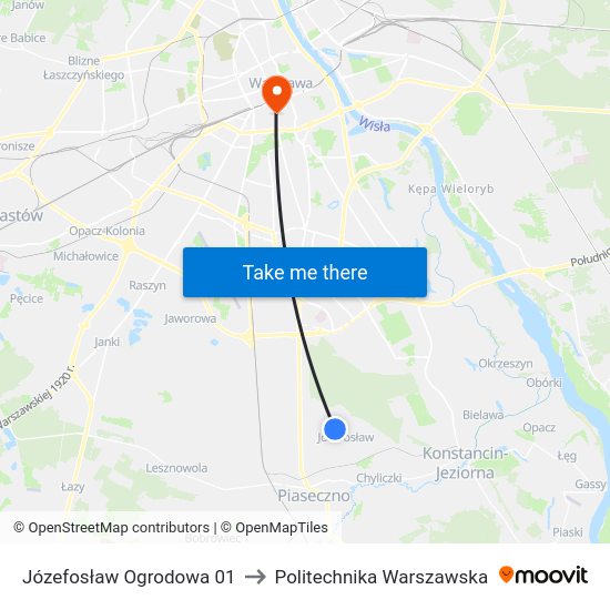 Józefosław Ogrodowa to Politechnika Warszawska map