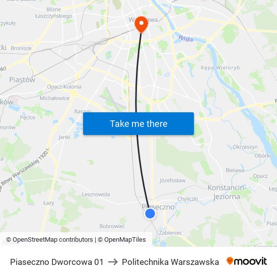 Piaseczno Dworcowa to Politechnika Warszawska map