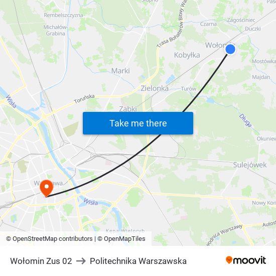 Wołomin Zus 02 to Politechnika Warszawska map