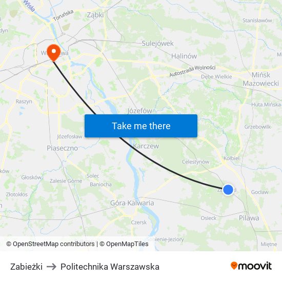 Zabieżki to Politechnika Warszawska map