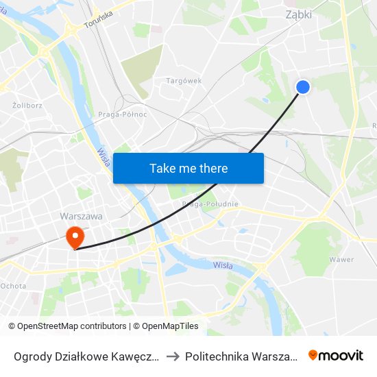 Ogrody Działkowe Kawęczyn 01 to Politechnika Warszawska map