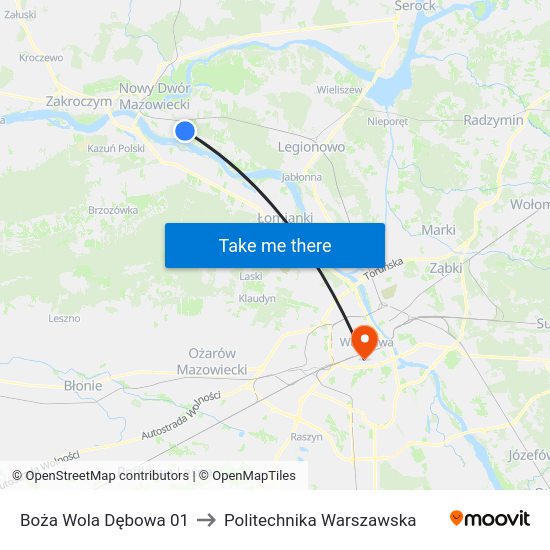 Boża Wola Dębowa to Politechnika Warszawska map