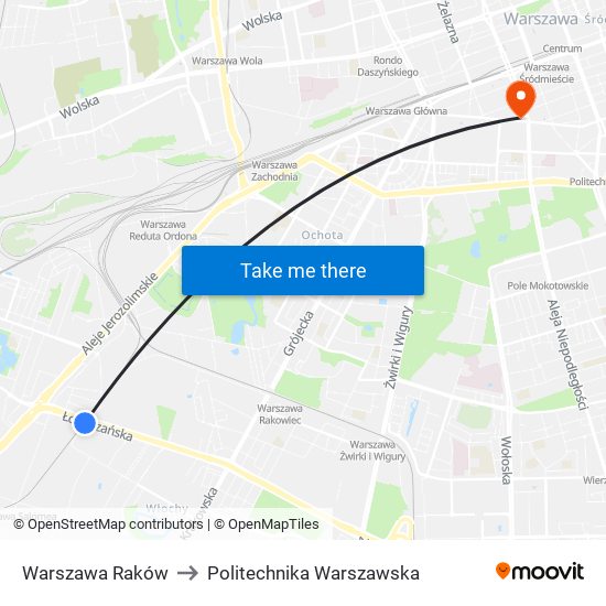 Warszawa Raków to Politechnika Warszawska map
