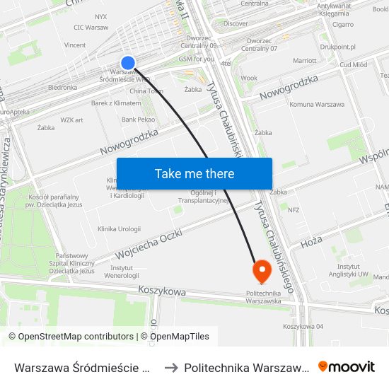 Warszawa Śródmieście WKD to Politechnika Warszawska map