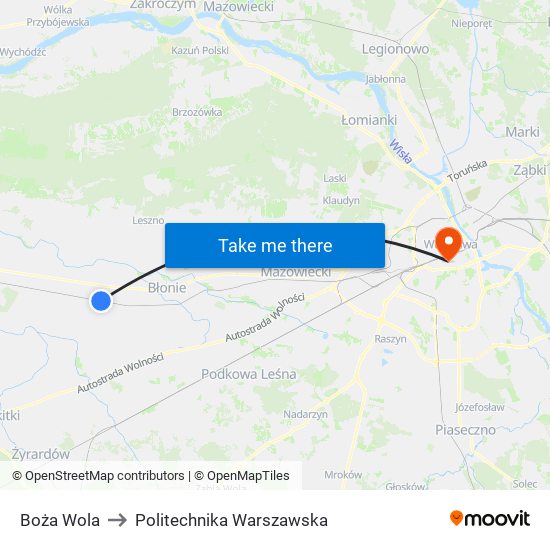 Boża Wola to Politechnika Warszawska map