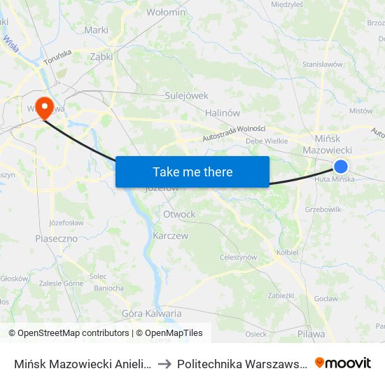 Mińsk Mazowiecki Anielina to Politechnika Warszawska map