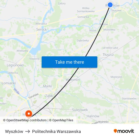 Wyszków to Politechnika Warszawska map