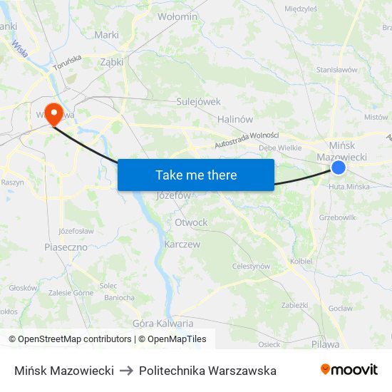 Mińsk Mazowiecki to Politechnika Warszawska map