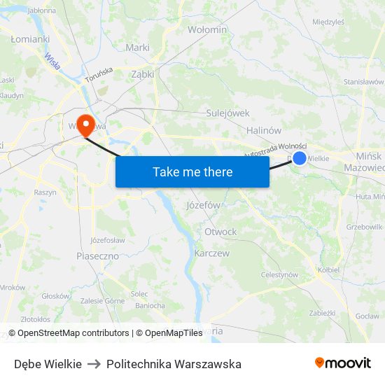 Dębe Wielkie to Politechnika Warszawska map