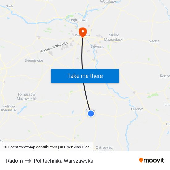 Radom to Politechnika Warszawska map