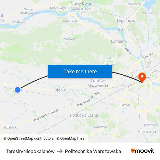 Teresin-Niepokalanów to Politechnika Warszawska map